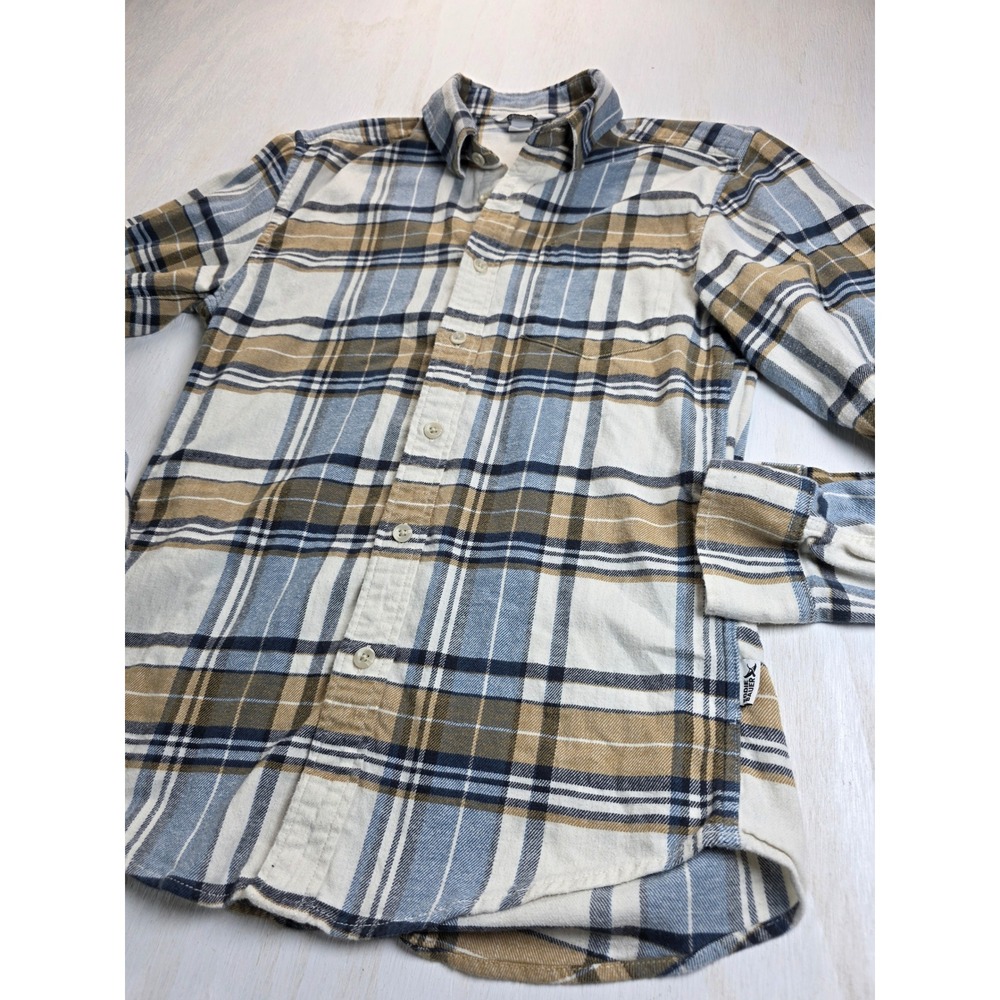 Eddie Bauer Mens Small Blue Tan Plaid Flannel Shirt Long Sleeve Western Academia